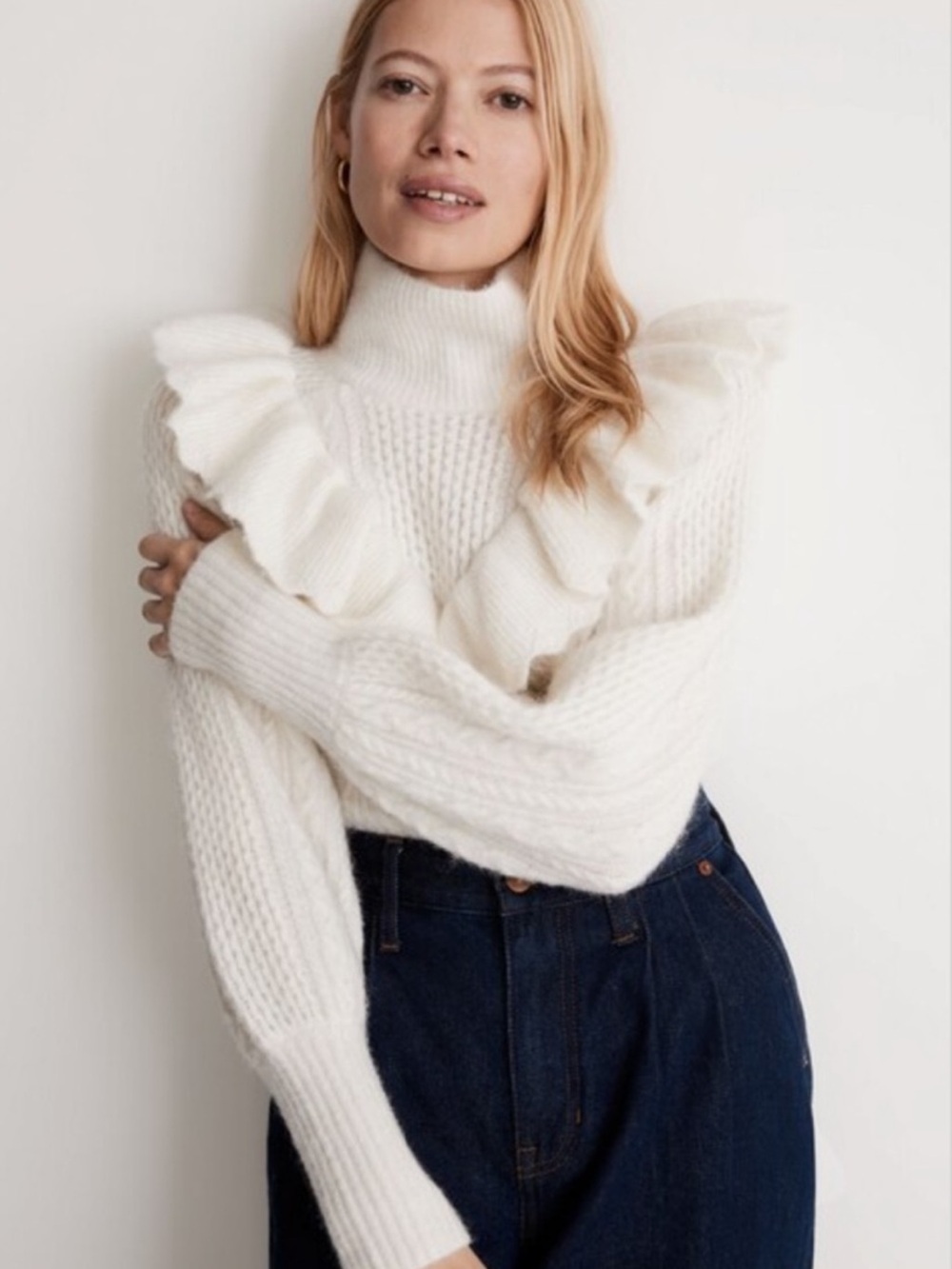 Madewell Cable Winslow Mockneck Pullover Sweater Ivory Size XL EUC